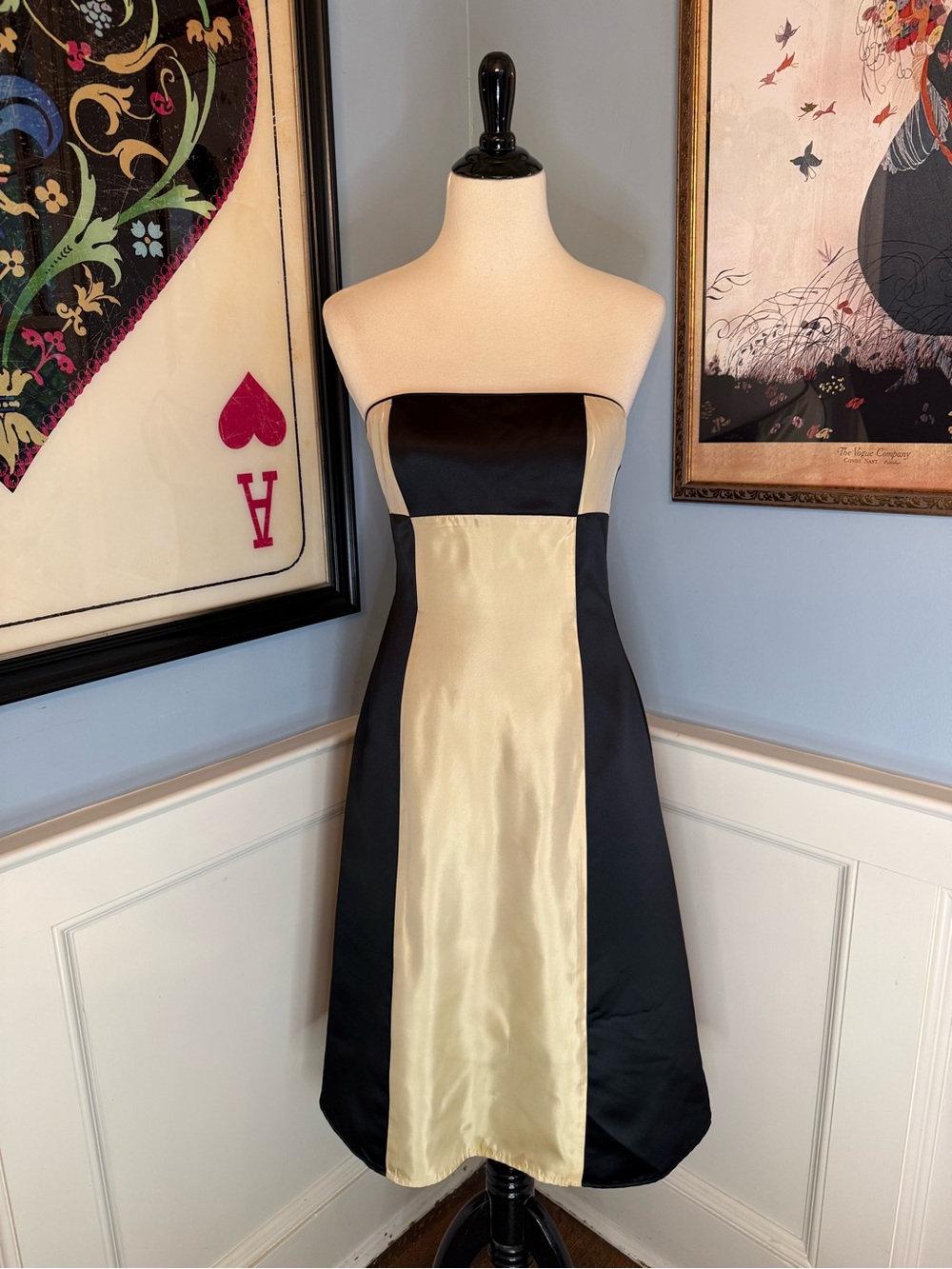 True Vintage 90s Retro Jessica McClintock Black Beige/Gold Strapless Dress 8P